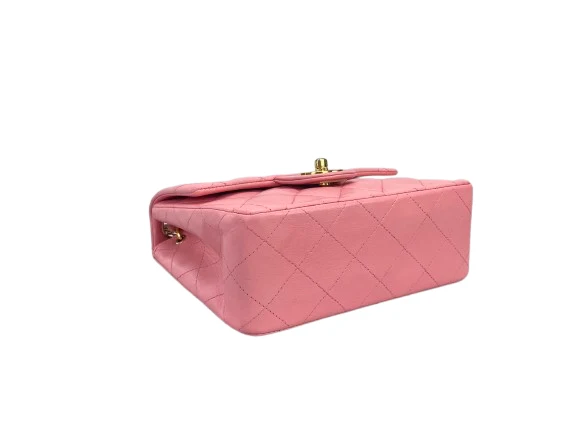 Chanel Vintage Rose Pink Classic Mini Square Flap Bag aus Lammleder mit goldenen Beschlägen