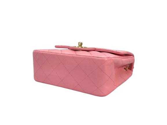 Chanel Vintage Rose Pink Classic Mini Square Flap Bag aus Lammleder mit goldenen Beschlägen