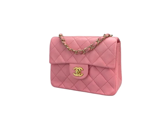 Chanel Vintage Rose Pink Classic Mini Square Flap Bag aus Lammleder mit goldenen Beschlägen