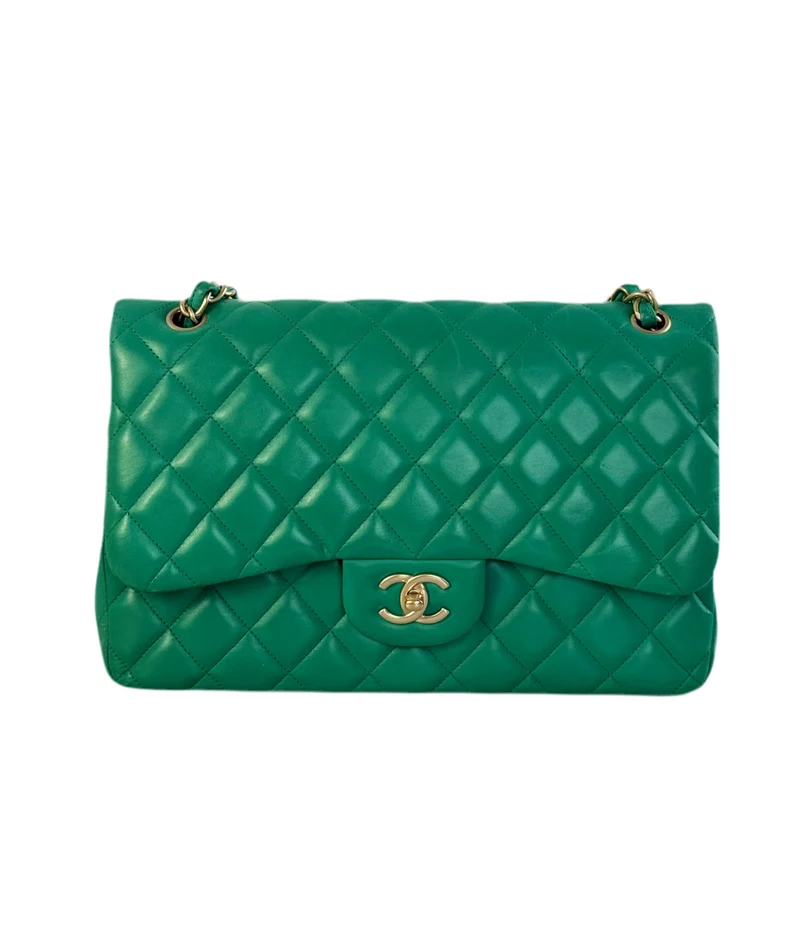 Chanel zeitlose Flap Bag Jumbo Grün mit goldener Hardware