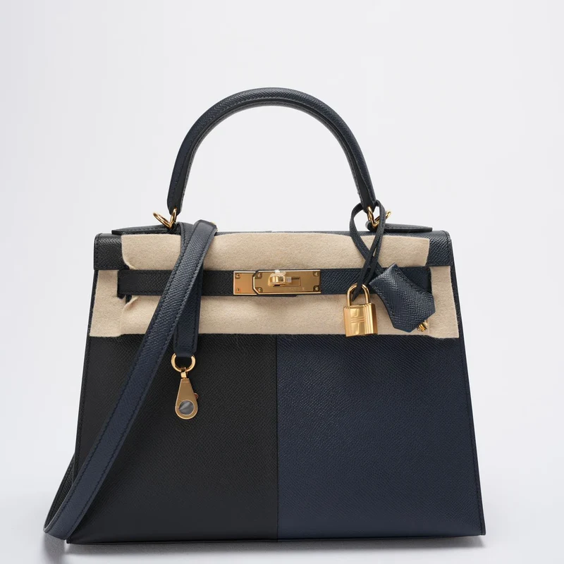 Hermes Kelly 28 Sellier Casaque Tricolor Schwarz Blau Indigo Frida Epsom Gold Hardware