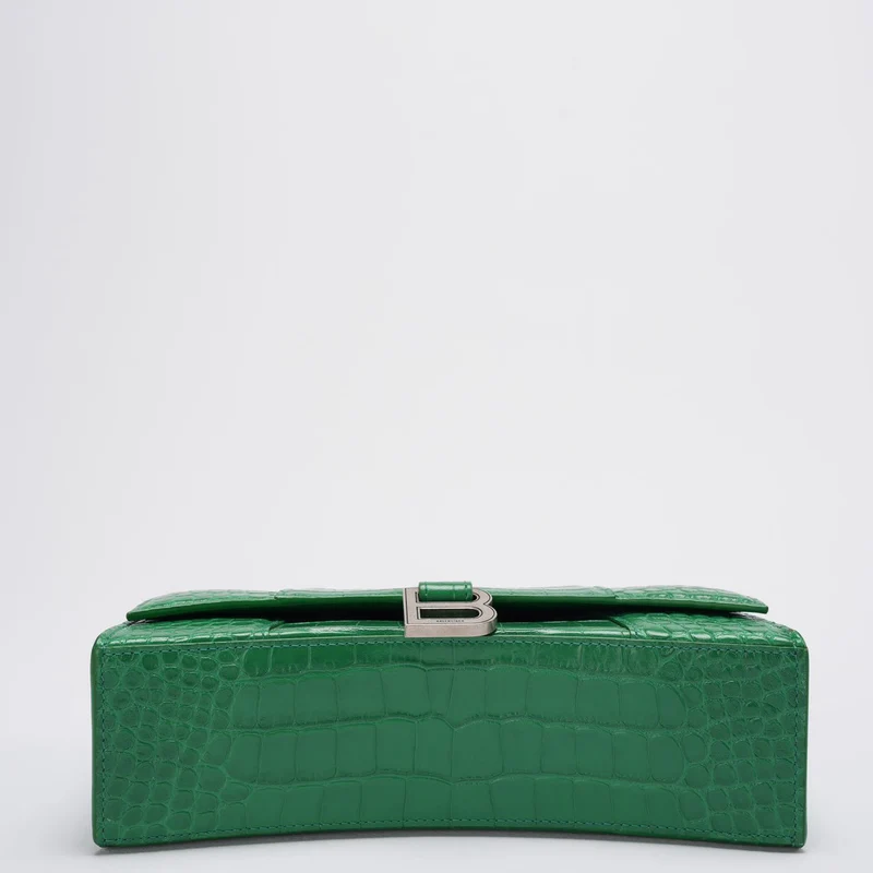 Balenciaga Kleine Hourglass Sling-Schultertasche aus glänzendem Kalbsleder mit Krokodilprägung, Blattgrün