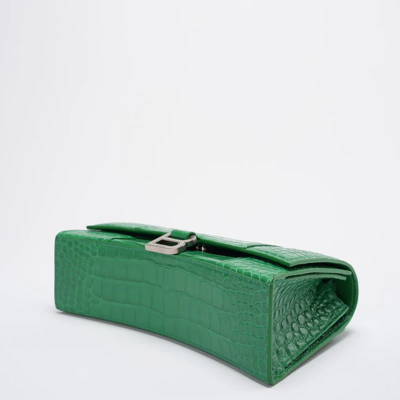 Balenciaga Kleine Hourglass Sling-Schultertasche aus glänzendem Kalbsleder mit Krokodilprägung, Blattgrün
