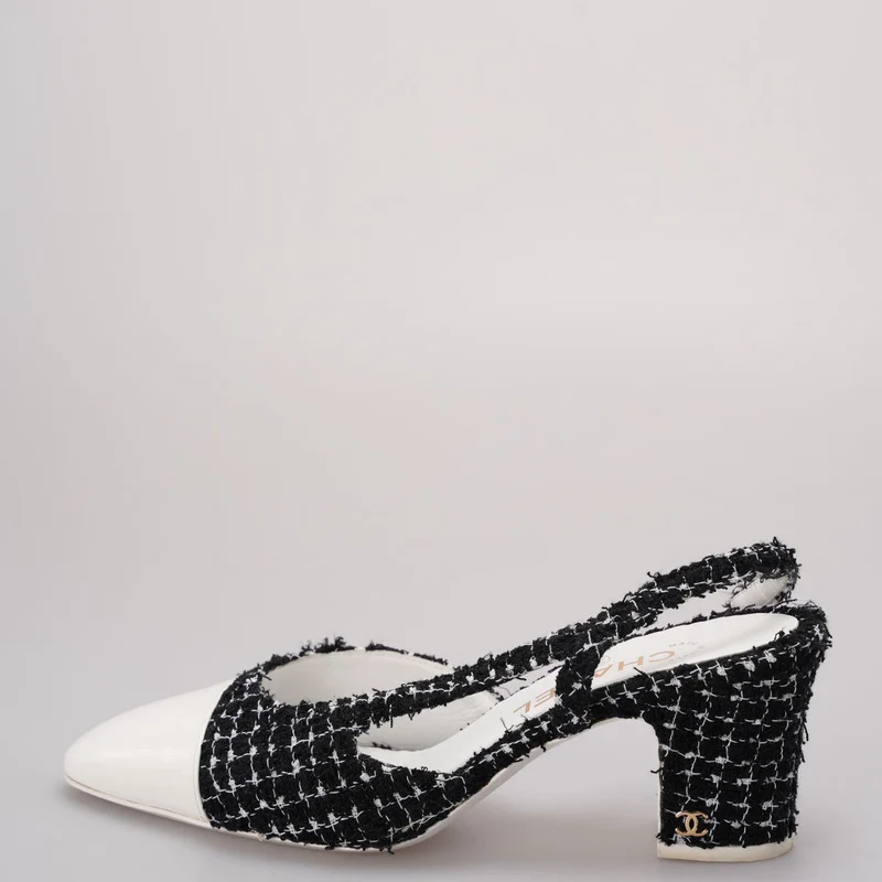 Chanel Schwarze Tweed-Slingback-Pumps mit weißer Zehenkappe 38.5