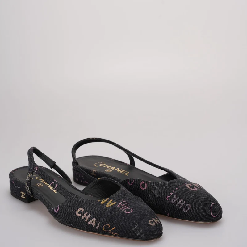 Chanel Black Denim Slingback Mademoiselle Coco Flat Größe 38