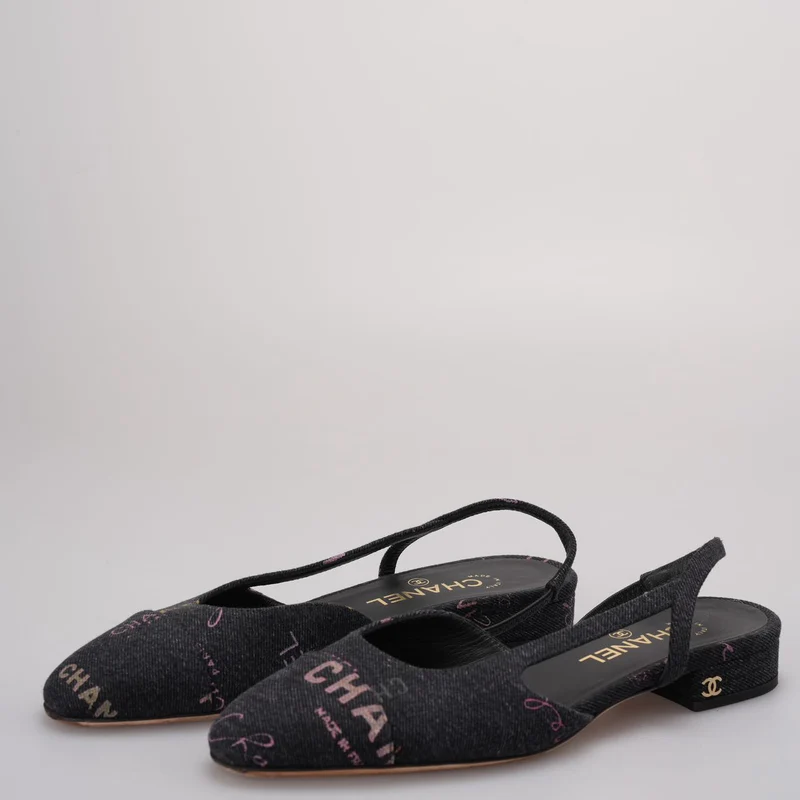 Chanel Black Denim Slingback Mademoiselle Coco Flat Größe 38