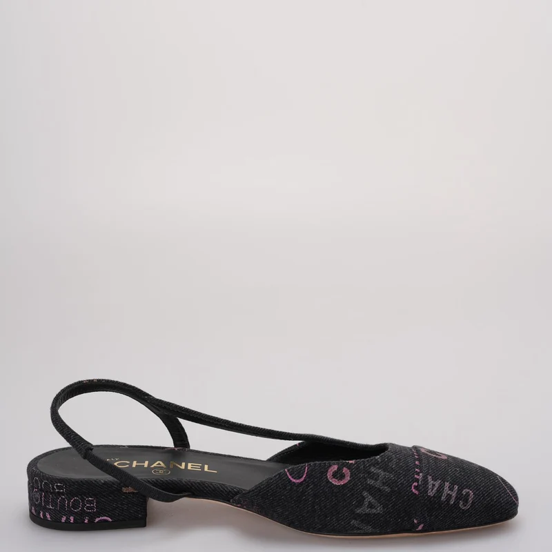 Chanel Black Denim Slingback Mademoiselle Coco Flat Größe 38