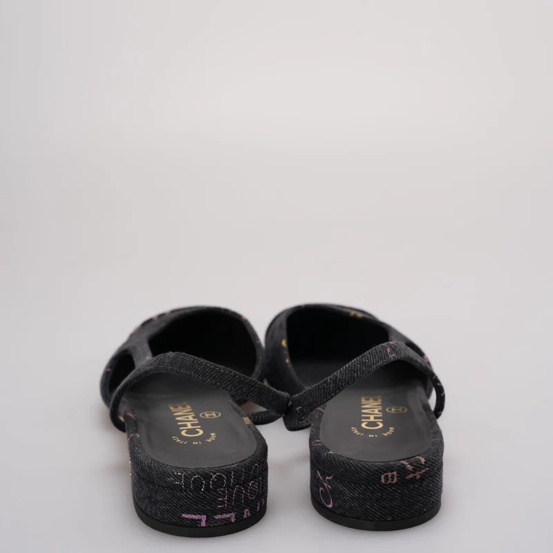Chanel Black Denim Slingback Mademoiselle Coco Flat Größe 38