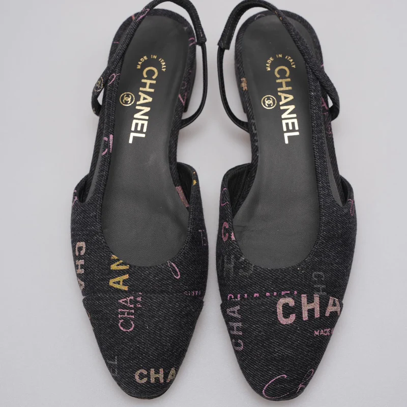 Chanel Black Denim Slingback Mademoiselle Coco Flat Größe 38