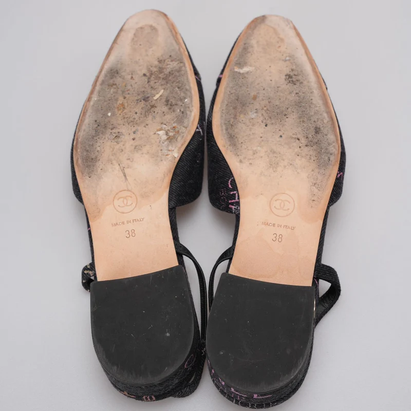 Chanel Black Denim Slingback Mademoiselle Coco Flat Größe 38