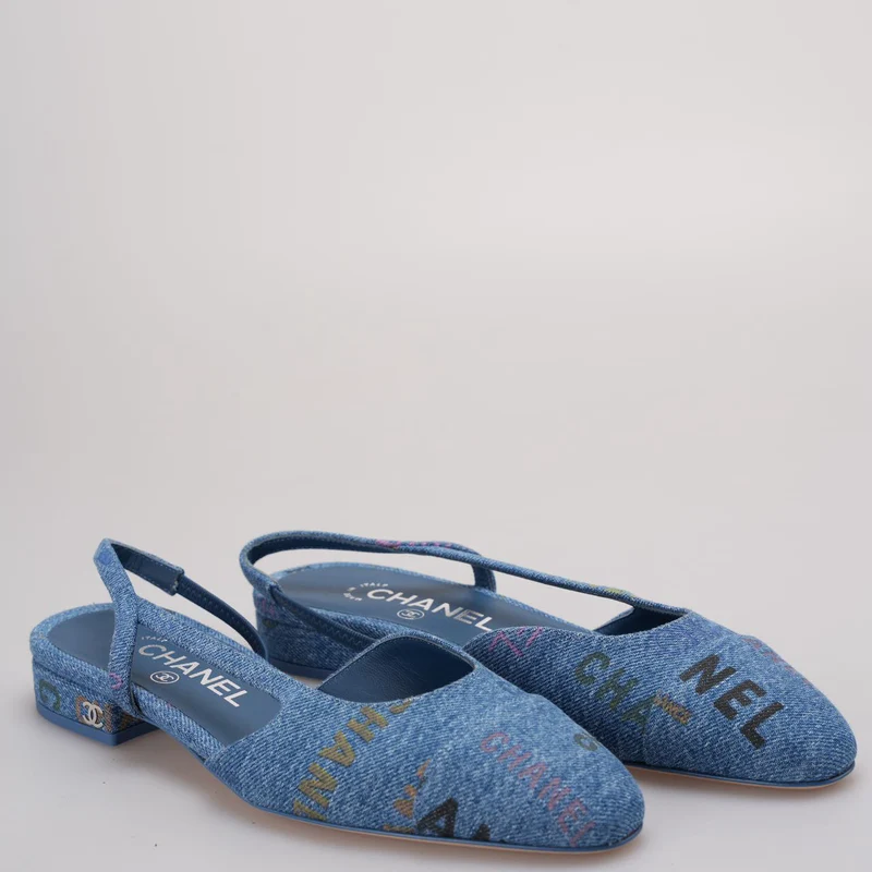 Chanel Denim Slingback Flats Cap Toe CC Hellblau Mehrfarbig Größe 36.5