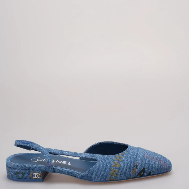 Chanel Denim Slingback Flats Cap Toe CC Hellblau Mehrfarbig Größe 36.5