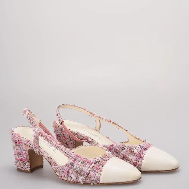 Chanel Slingback-Sandalen aus rosa und weißem Tweed 37.5