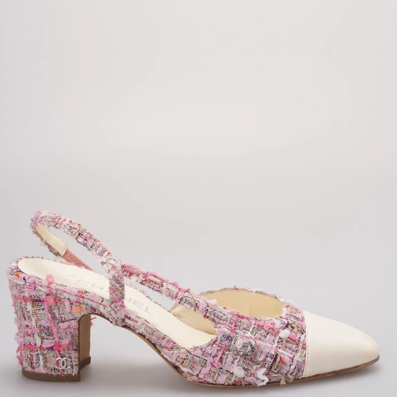 Chanel Slingback-Sandalen aus rosa und weißem Tweed 37.5