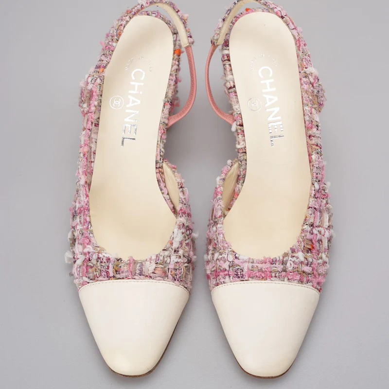 Chanel Slingback-Sandalen aus rosa und weißem Tweed 37.5