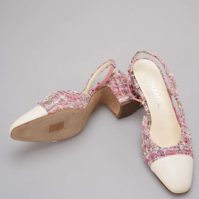 Chanel Slingback-Sandalen aus rosa und weißem Tweed 37.5
