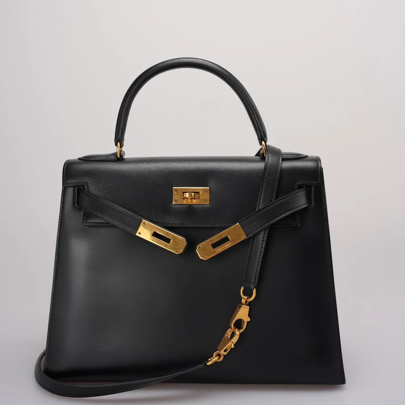 Hermes Vintage Kelly 28 Sellier Tasche aus schwarzem Kalbsleder mit goldener Hardware