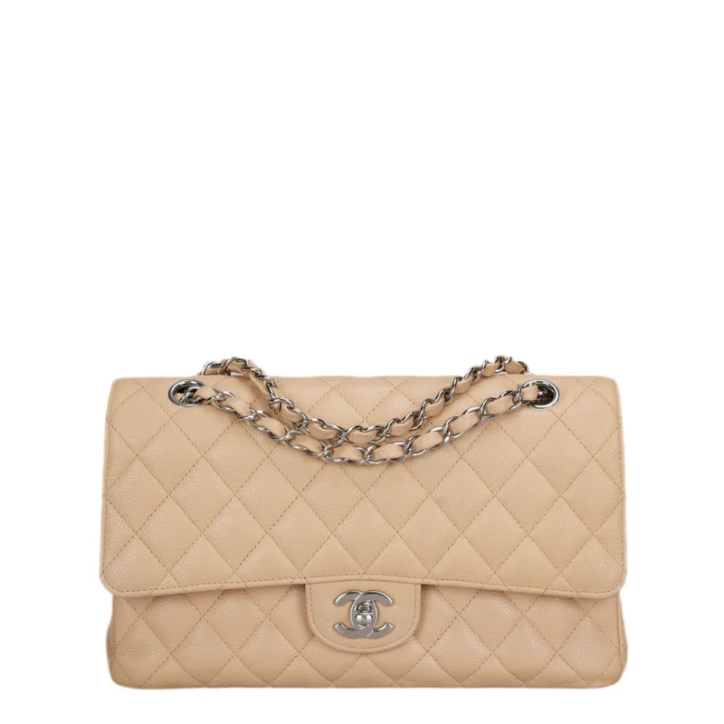 Chanel Beige Classic Double Flap Bag Medium aus gestepptem Kaviarleder mit silberner Hardware