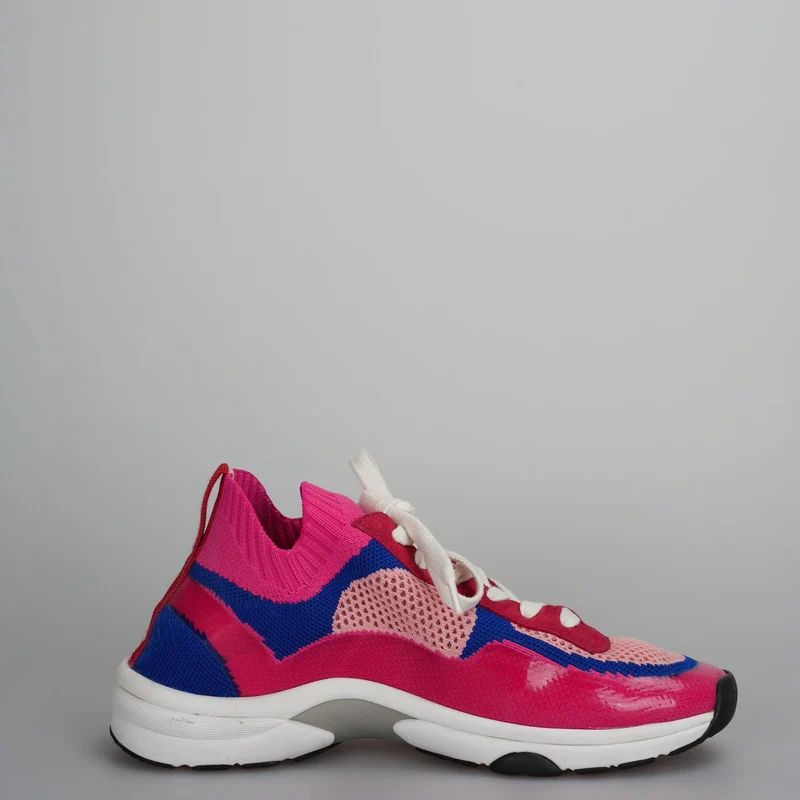 Chanel Stoff Wildleder Kalbsleder Stretch CC Sneakers Rosa, Rot und Blau Größe 39