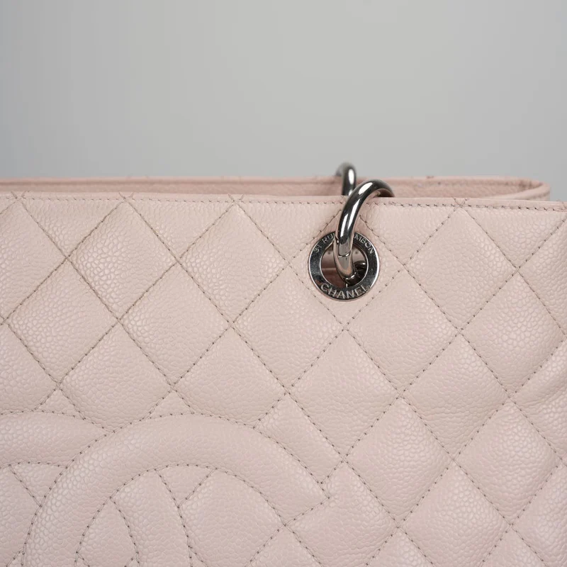 Chanel Kirschblütenrosa Grand Shopping Tote GST Tasche aus Kaviarleder mit silberner Hardware