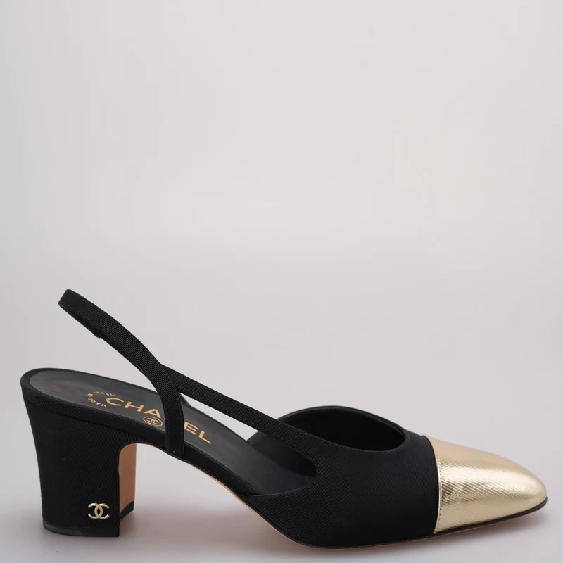 Chanel Schwarz/Gold Escarpins Slingback Chanel Velours Noir Größe 40.5