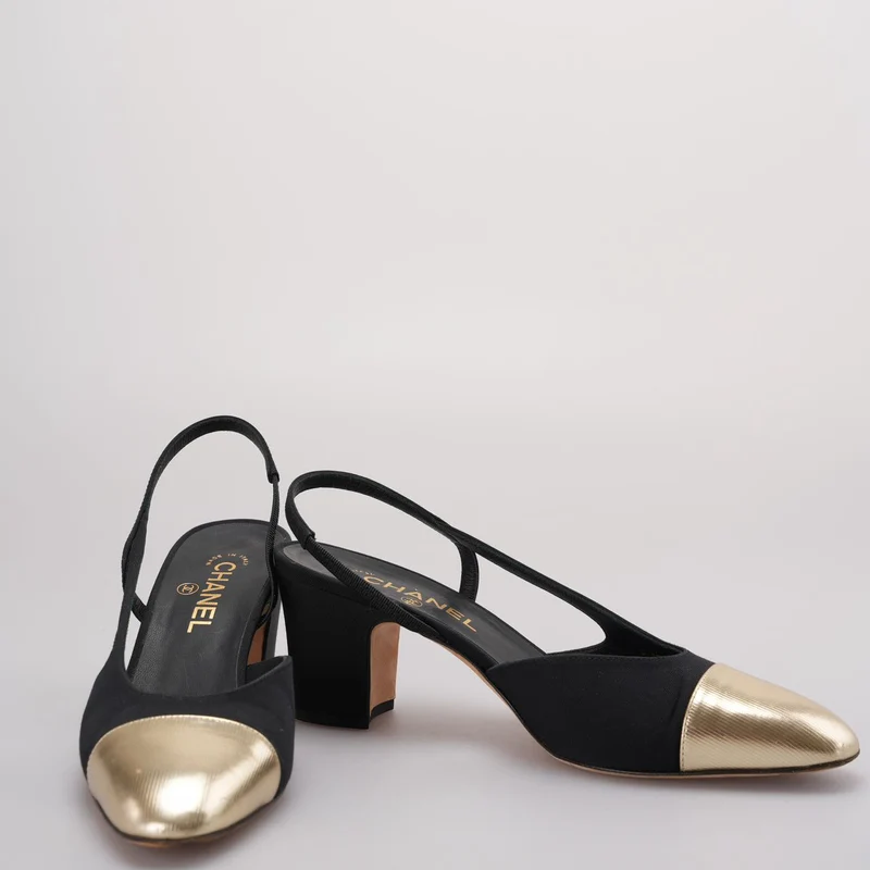 Chanel Schwarz/Gold Escarpins Slingback Chanel Velours Noir Größe 40.5