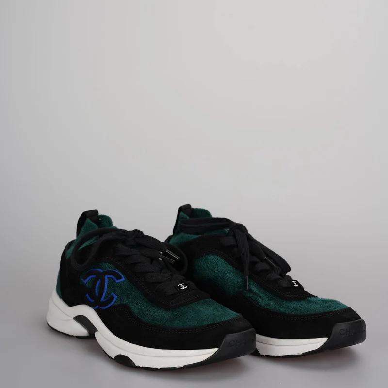 Chanel Low-Top Sneakers Wildleder und Strickstoff Schwarz/Grün/Weiß Gr.38