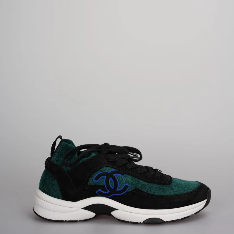 Chanel Low-Top Sneakers Wildleder und Strickstoff Schwarz/Grün/Weiß Gr.38