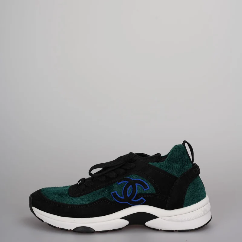 Chanel Low-Top Sneakers Wildleder und Strickstoff Schwarz/Grün/Weiß Gr.38