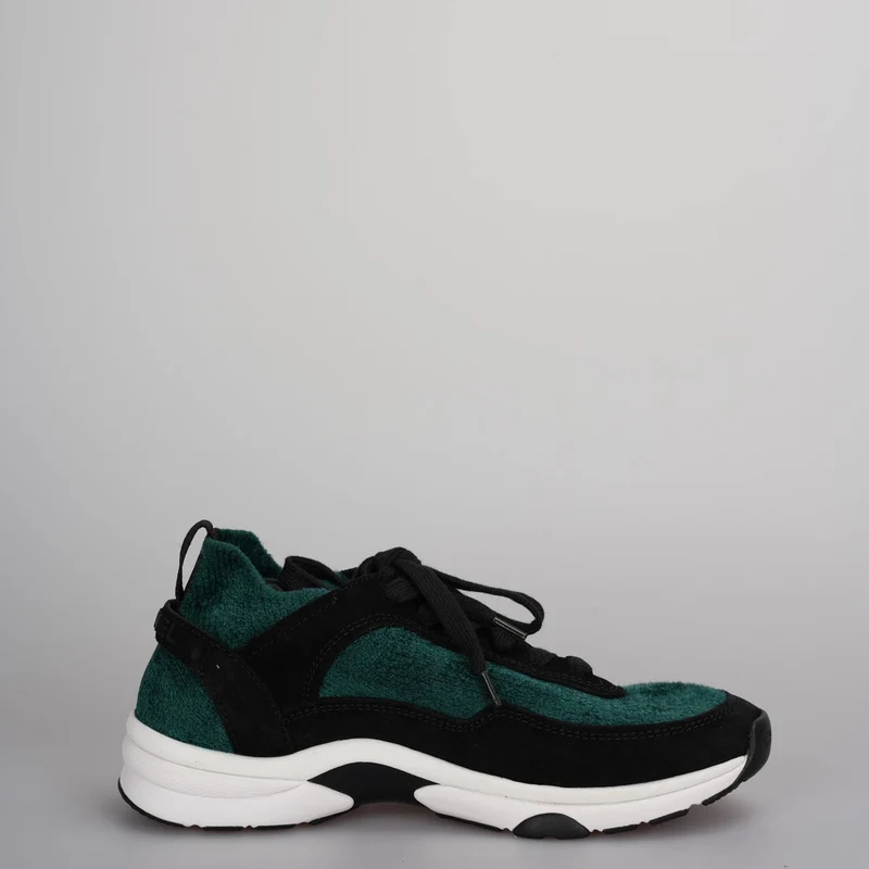 Chanel Low-Top Sneakers Wildleder und Strickstoff Schwarz/Grün/Weiß Gr.38
