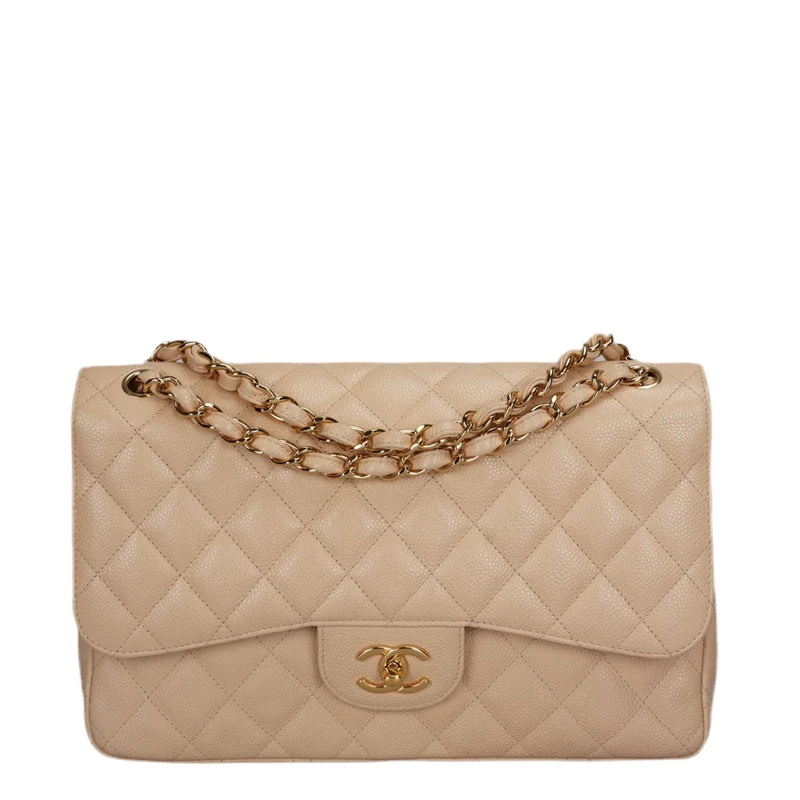 Chanel Classic Double Flap Bag Jumbo aus beigem gestepptem Kaviarleder mit goldenen Beschlägen