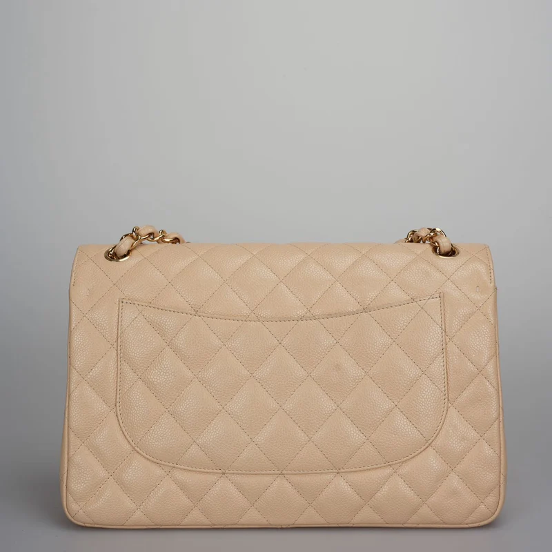 Chanel Classic Double Flap Bag Jumbo aus beigem gestepptem Kaviarleder mit goldenen Beschlägen