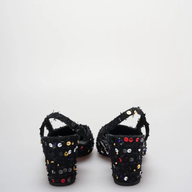 Chanel Tweed Lammfell Pailletten Cap Toe CC Slingback Pumps Größe 39 in Schwarz und Gold