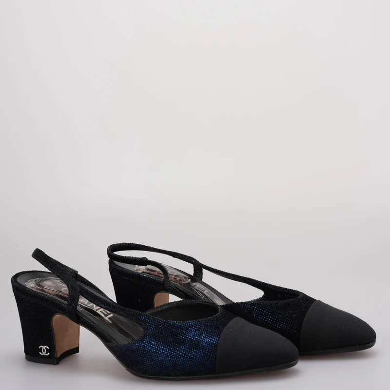 Chanel CC Logo Schwarz/Blaue Leder Slingback Pumps Größe 38.5