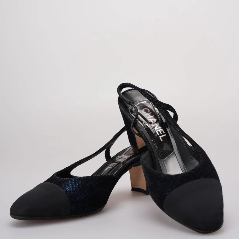 Chanel CC Logo Schwarz/Blaue Leder Slingback Pumps Größe 38.5
