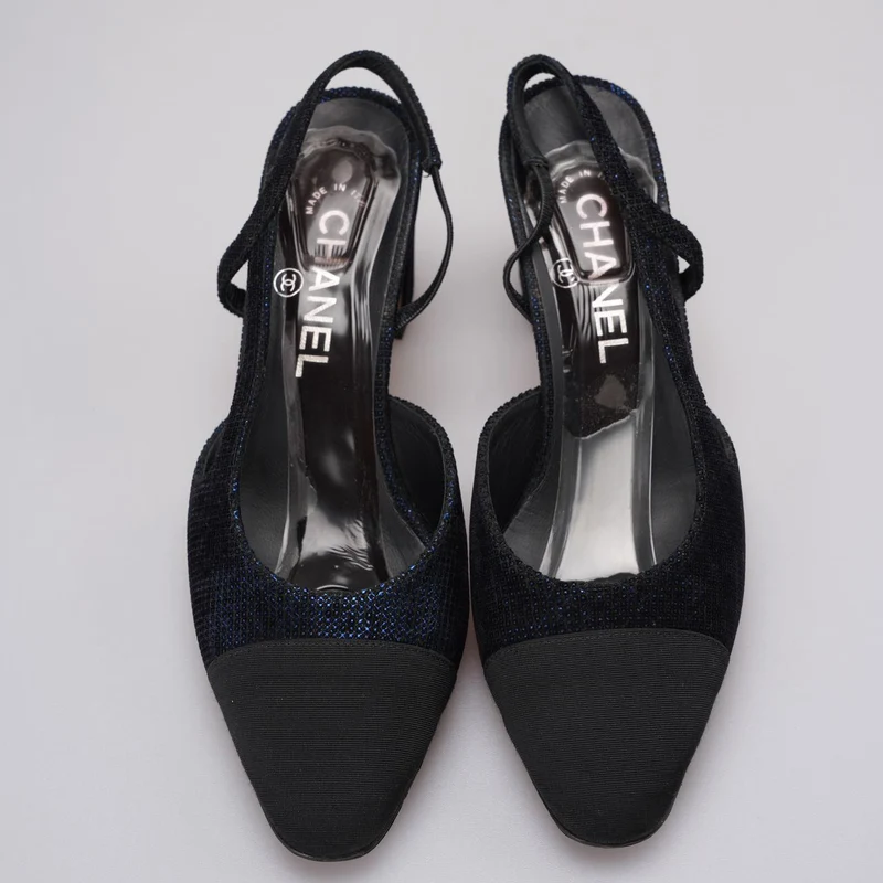 Chanel CC Logo Schwarz/Blaue Leder Slingback Pumps Größe 38.5
