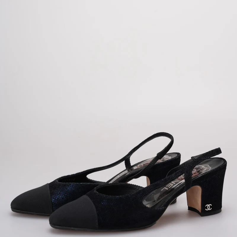 Chanel CC Logo Schwarz/Blaue Leder Slingback Pumps Größe 38.5