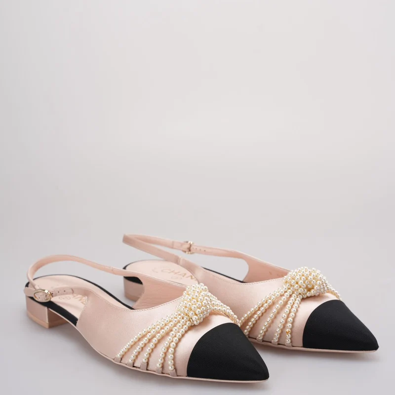 Chanel Satin Grosgrain Pearl Slingback Flats Pink/Schwarz Größe 38