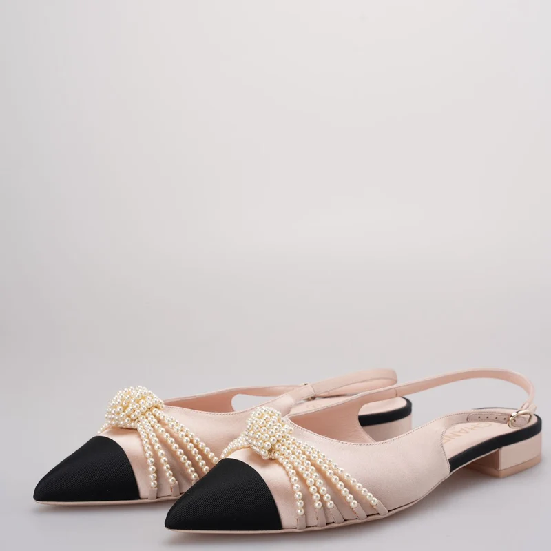 Chanel Satin Grosgrain Pearl Slingback Flats Pink/Schwarz Größe 38