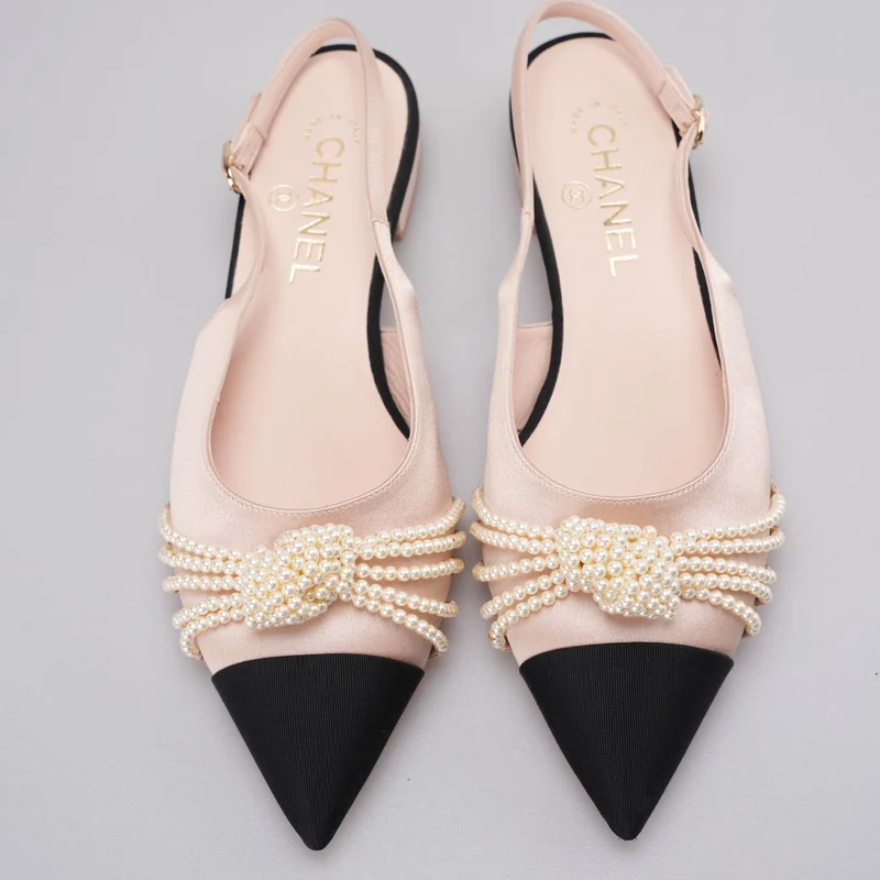 Chanel Satin Grosgrain Pearl Slingback Flats Pink/Schwarz Größe 38