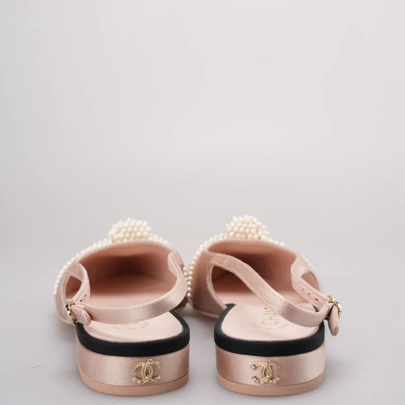 Chanel Satin Grosgrain Pearl Slingback Flats Pink/Schwarz Größe 38