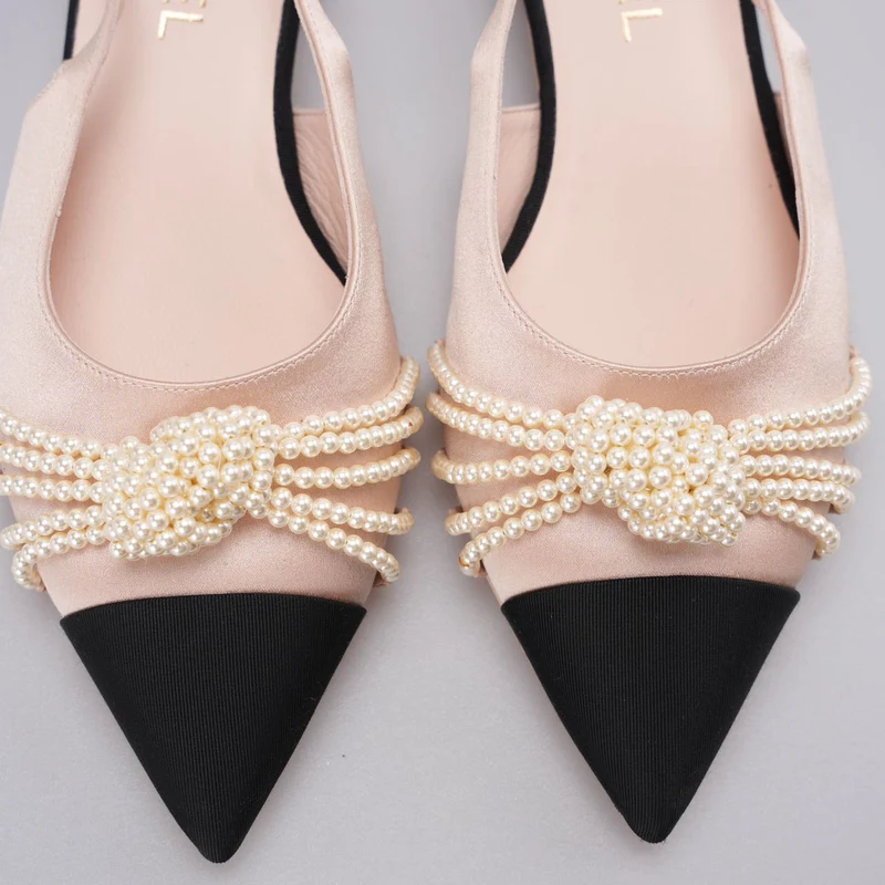 Chanel Satin Grosgrain Pearl Slingback Flats Pink/Schwarz Größe 38