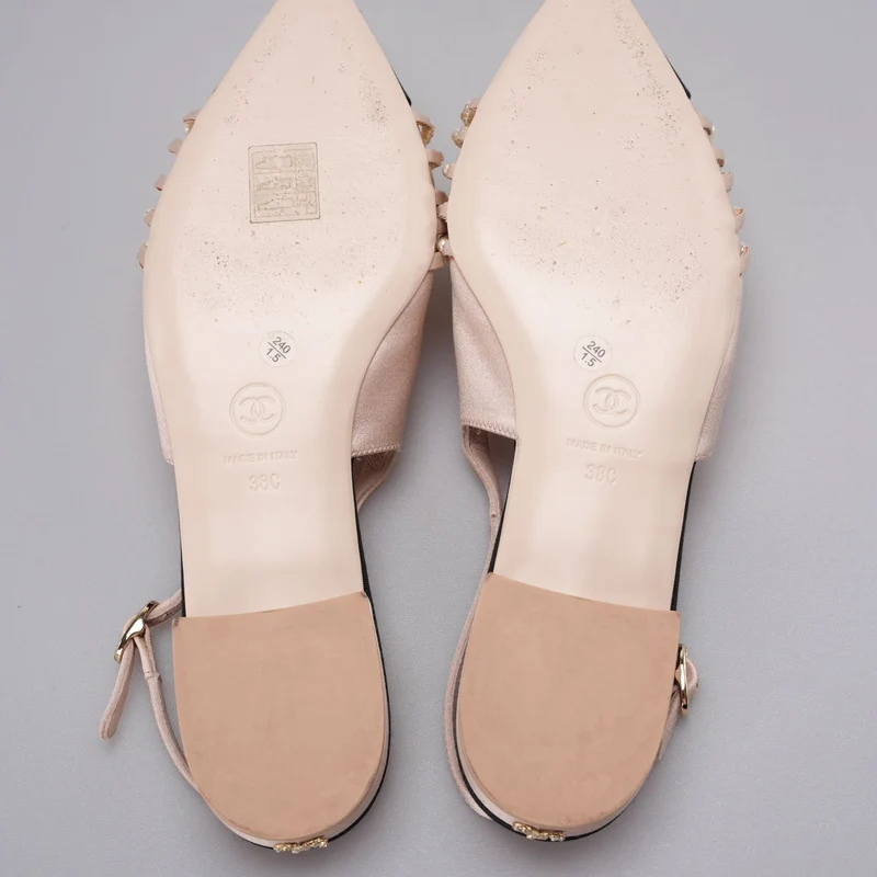 Chanel Satin Grosgrain Pearl Slingback Flats Pink/Schwarz Größe 38