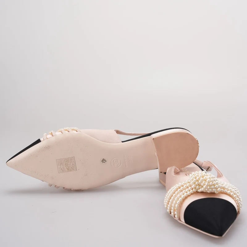 Chanel Satin Grosgrain Pearl Slingback Flats Pink/Schwarz Größe 38