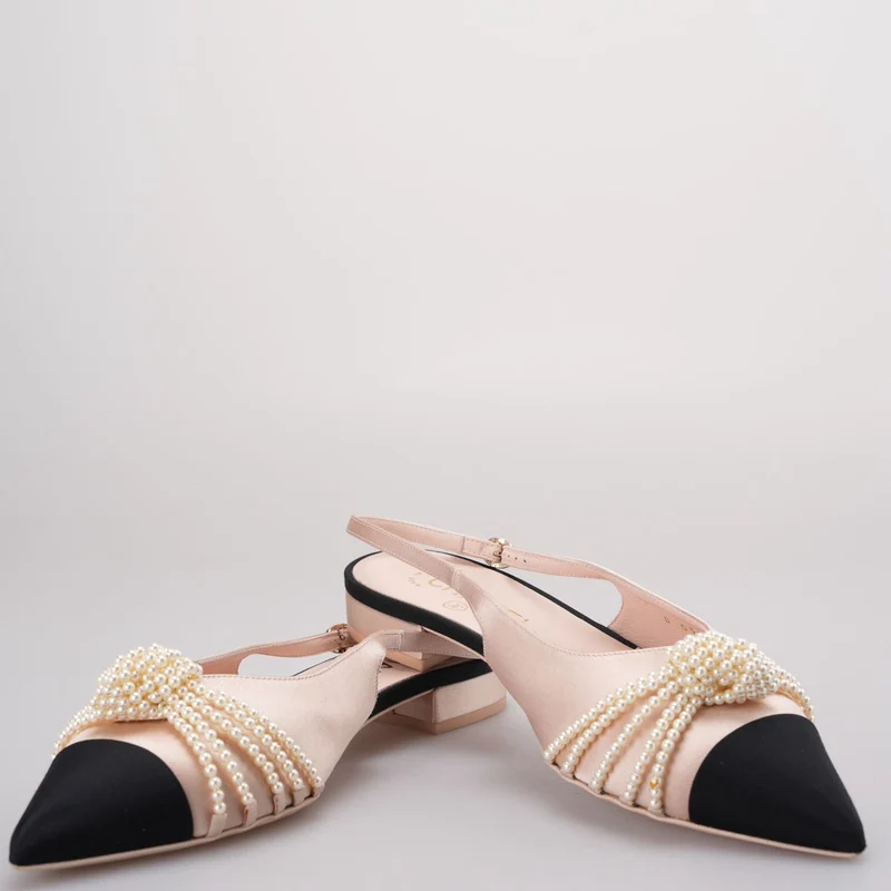 Chanel Satin Grosgrain Pearl Slingback Flats Pink/Schwarz Größe 38