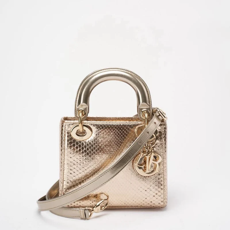 Dior Mini Lady Dior Tasche Gold aus Pythonleder mit goldenen Beschlägen