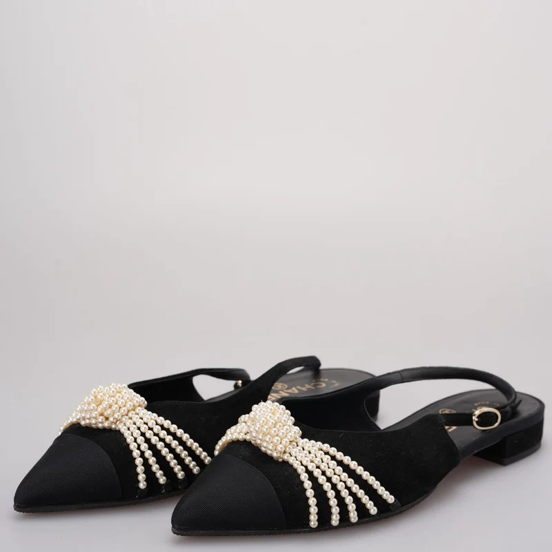 Chanel Slingback Satin Pearl Flats Schwarz Größe 37.5