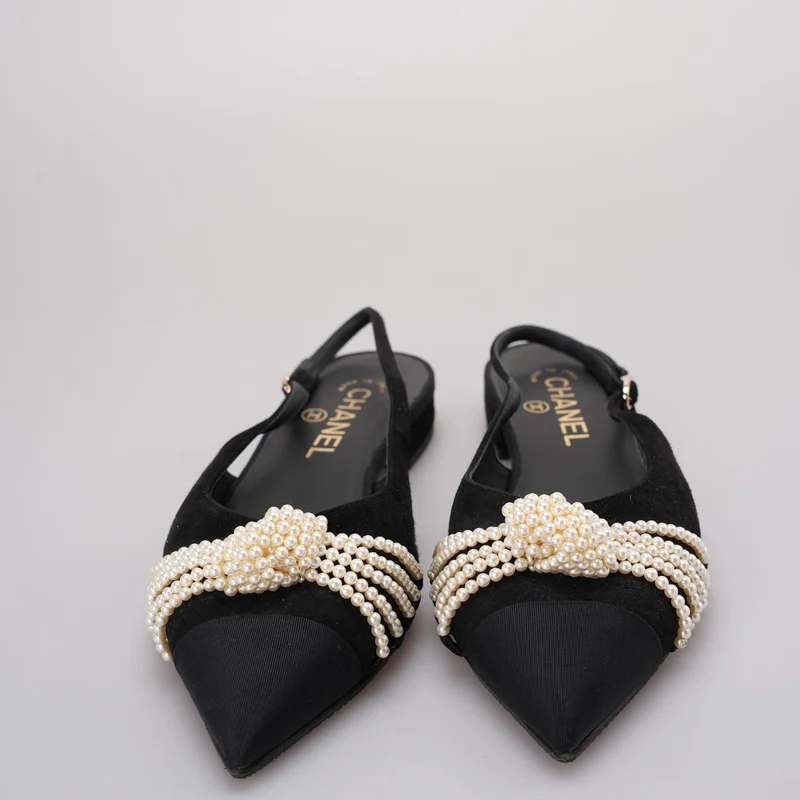 Chanel Slingback Satin Pearl Flats Schwarz Größe 37.5