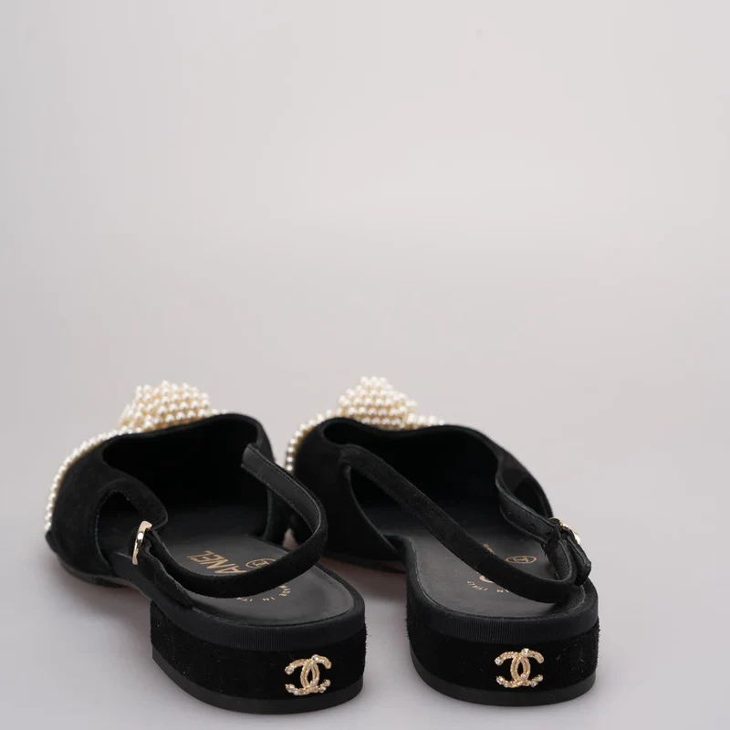 Chanel Slingback Satin Pearl Flats Schwarz Größe 37.5