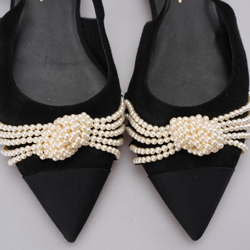 Chanel Slingback Satin Pearl Flats Schwarz Größe 37.5